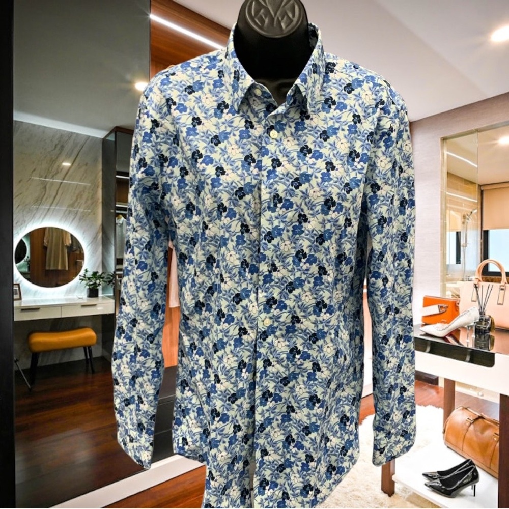 Banana Republic Men Blue & White Long Sleeve Slim Fit Button Up Shirt - Size S